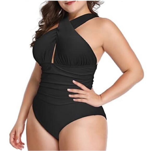 Michael Kors High Neck Shirred Cross Front One Piece SwimSuit 22W NWOT Urban - Picture 1 of 10